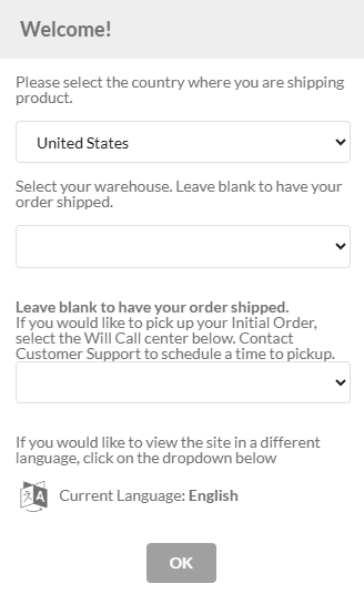 Activz Welcome popup showing country selection dropdowns and OK button