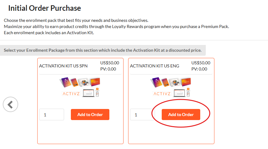Distributor Activation Kit selection showing English and Spanish options with Add to Order buttons