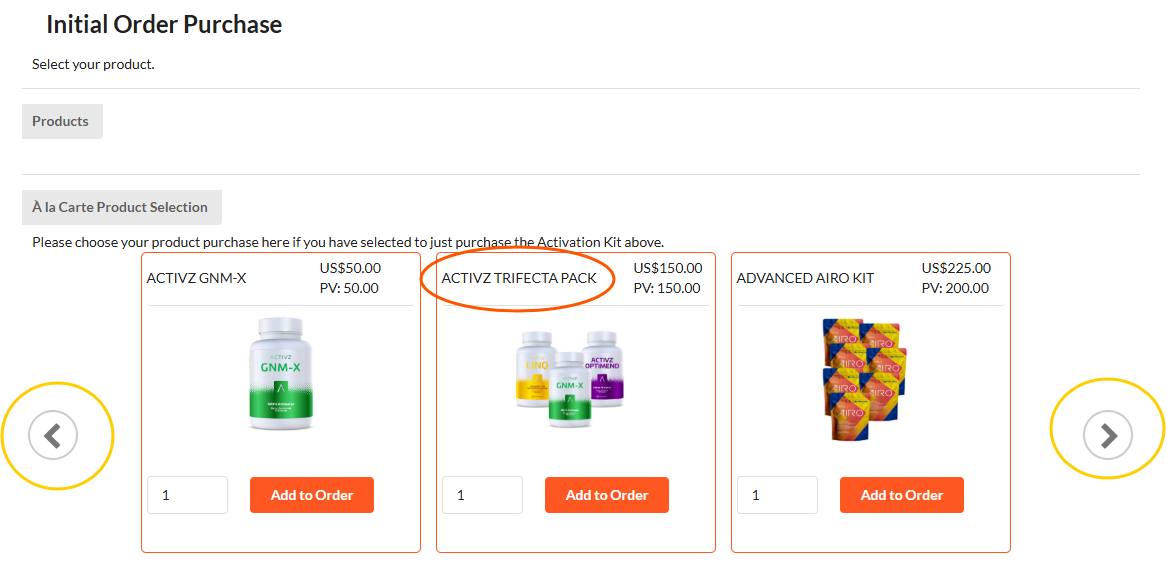 Initial Order Purchase page showing the À la Carte product carousel