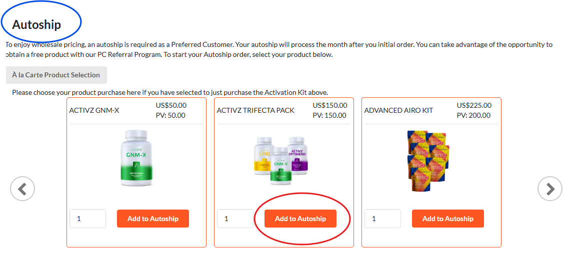 The Autoship section showing the product carousel with Add to Autoship buttons