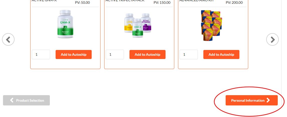 Bottom of the product selection page showing the Personal Information button in the bottom-right corner